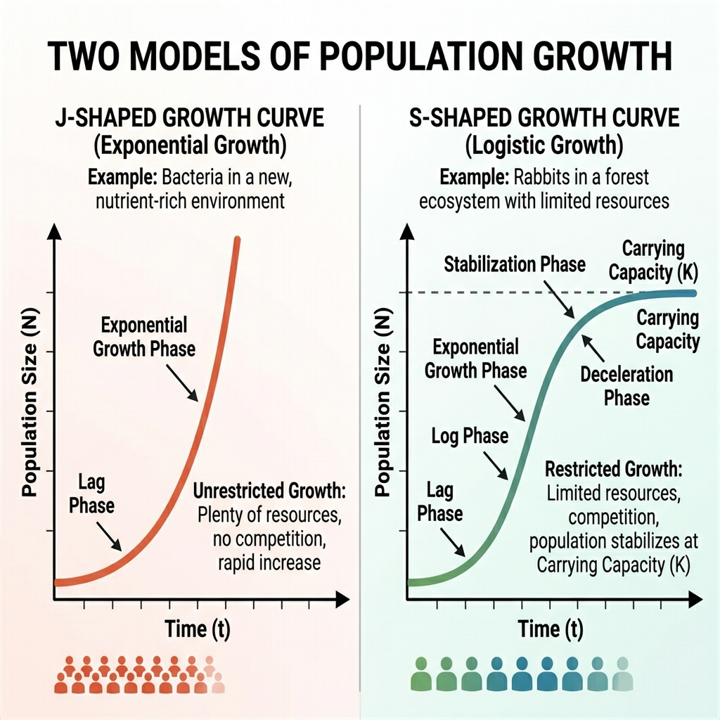 J-shaped and S-shaped population growth curves labeled