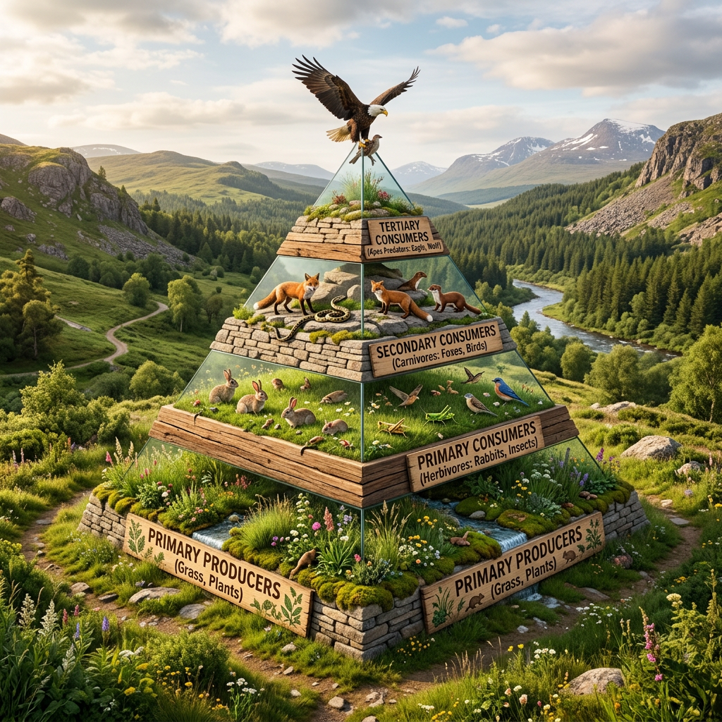Ecological pyramid showing primary producers and consumers with animals and plants in forest ecosystem