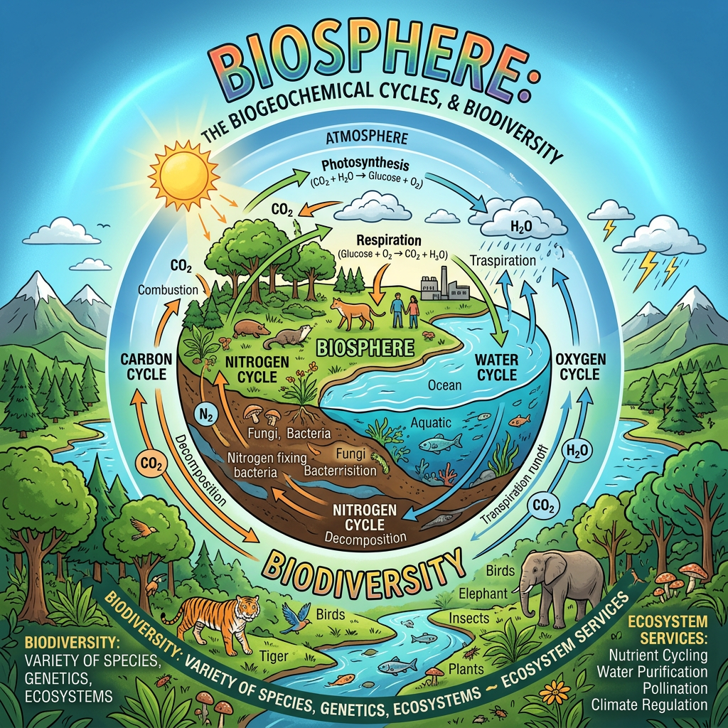 Diagram illustrating the biosphere with carbon, nitrogen, water, oxygen cycles, and biodiversity elements