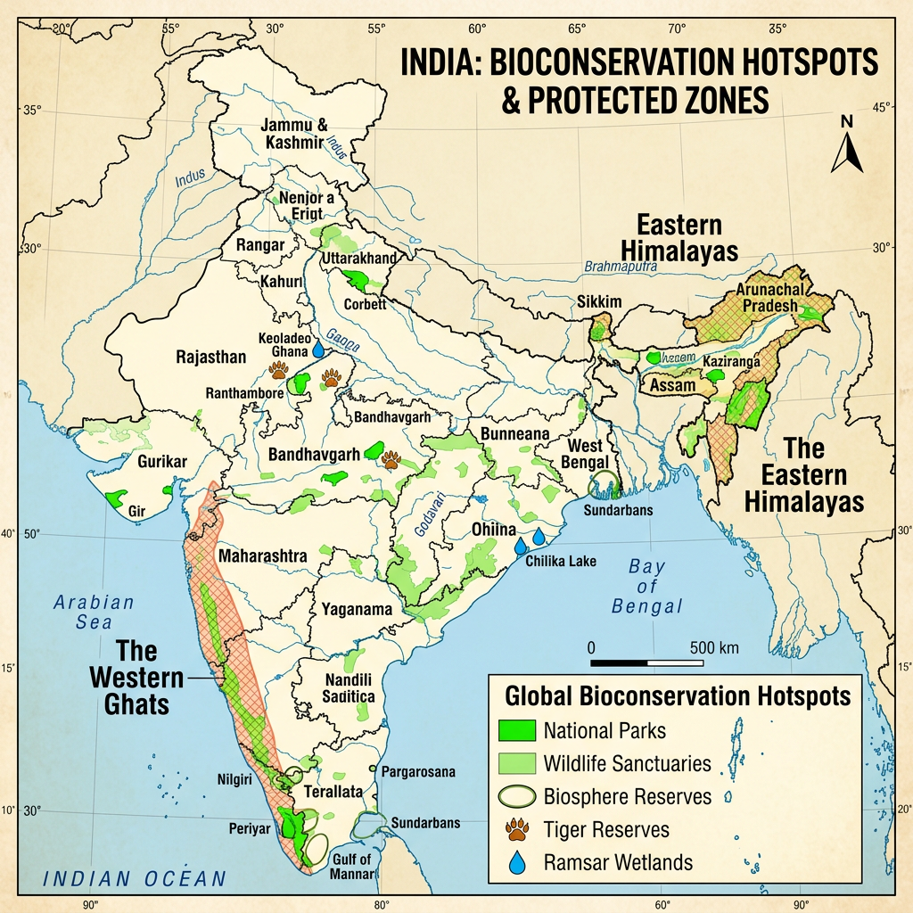 Map of India highlighting national parks, wildlife sanctuaries, biosphere reserves, tiger reserves, and Ramsar wetlands